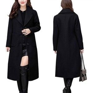 Plus Sz 2XL Black Notch Lapel Single Breasted Long Below Knee Wool Overcoat